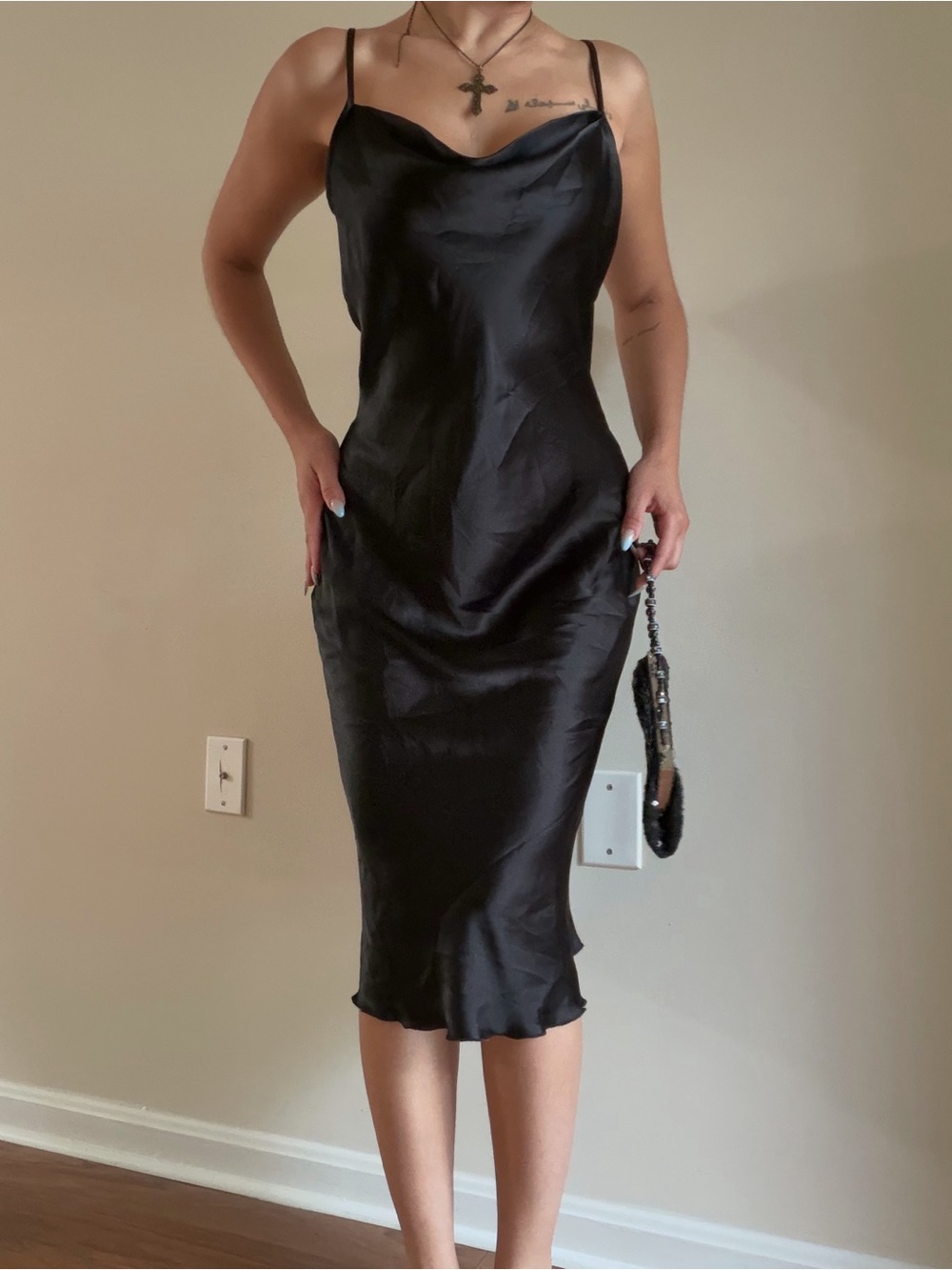 BEBE Vintage Black Satin Slip Midi Dress with Cowl Neck